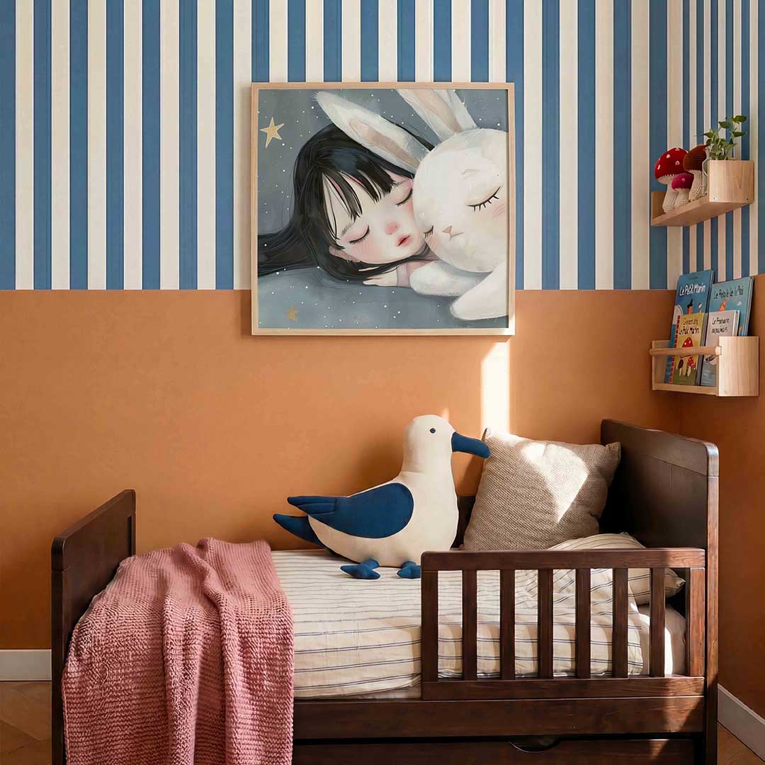 Slapend meisje en konijn – kids poster in vierkant formaat