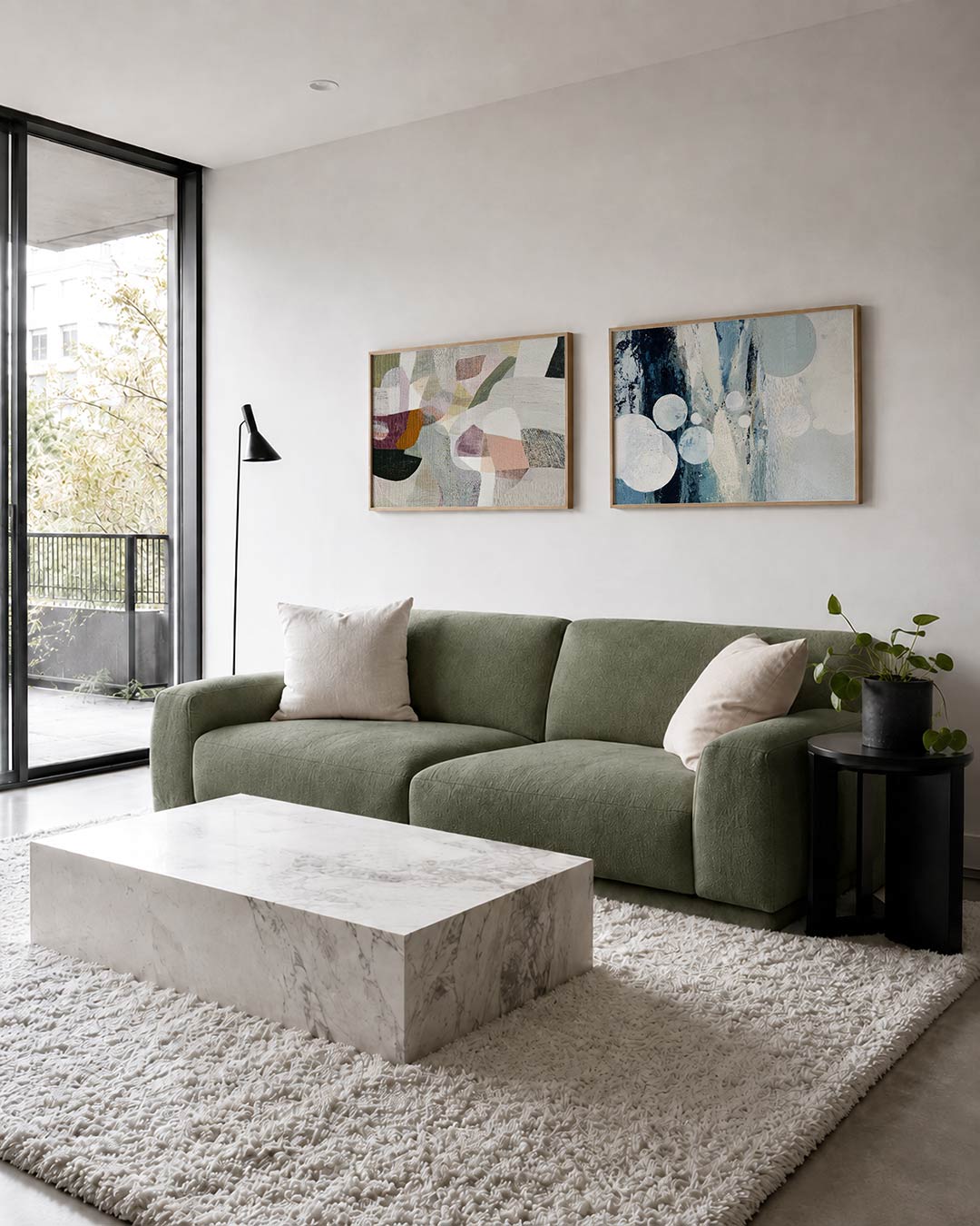 Twee liggende posters met zachte kleurvlakken en vloeiende lijnen, aan de muur in een interieur