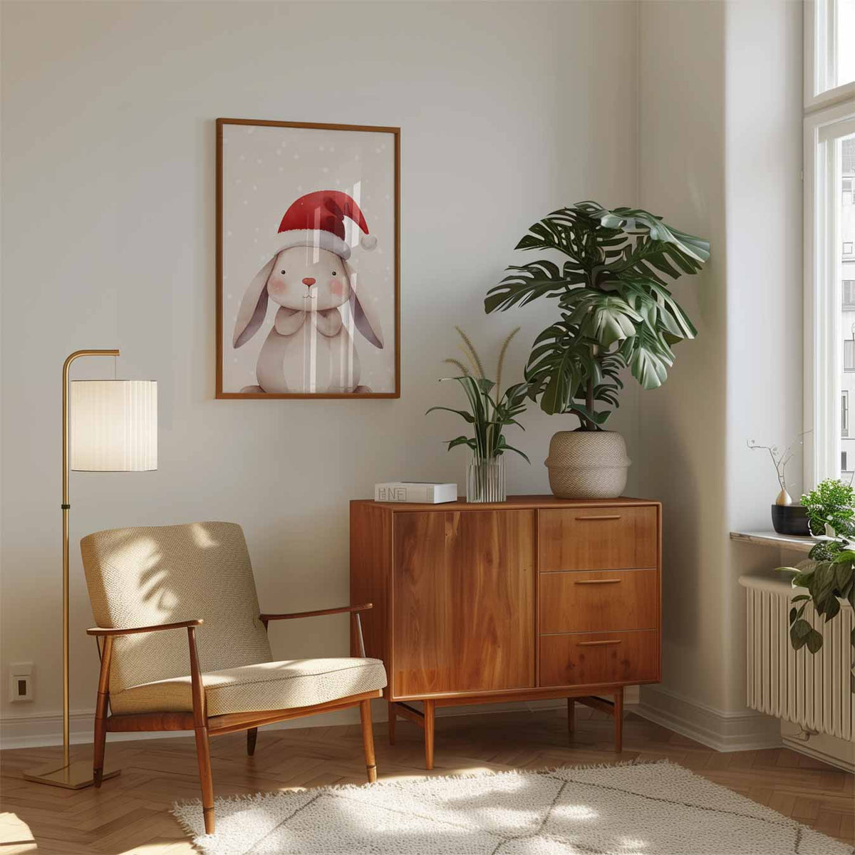 Winterse Kerstkonijn – speelse wandkunst als portret kinderposter