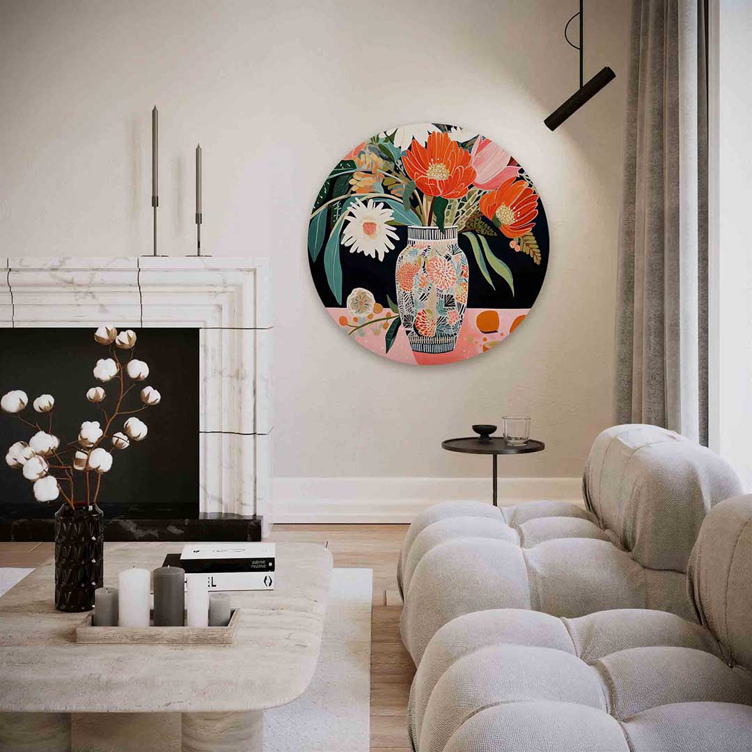 Bloemen in vaas – abstracte textuur muurcirkel als wanddecoratie