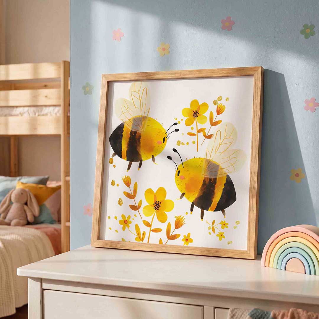 Bijen en bloemen – speelse wandkunst als vierkante kinderposter