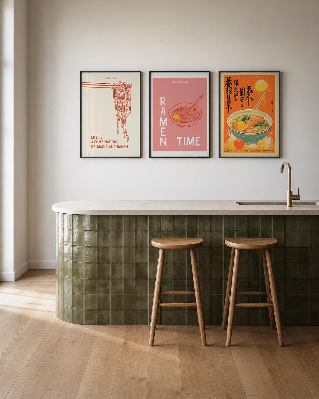 Lijnen en noodles posterset – tweede productweergave – een speelse tekening van oranje lijnen die een kluwen van