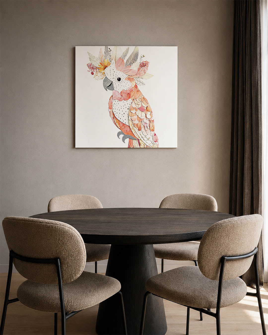 Vrolijke vogelcompositie kunstwerk – derde productweergave – dit werk toont een kleurrijke vogel met een mix van bloemen en