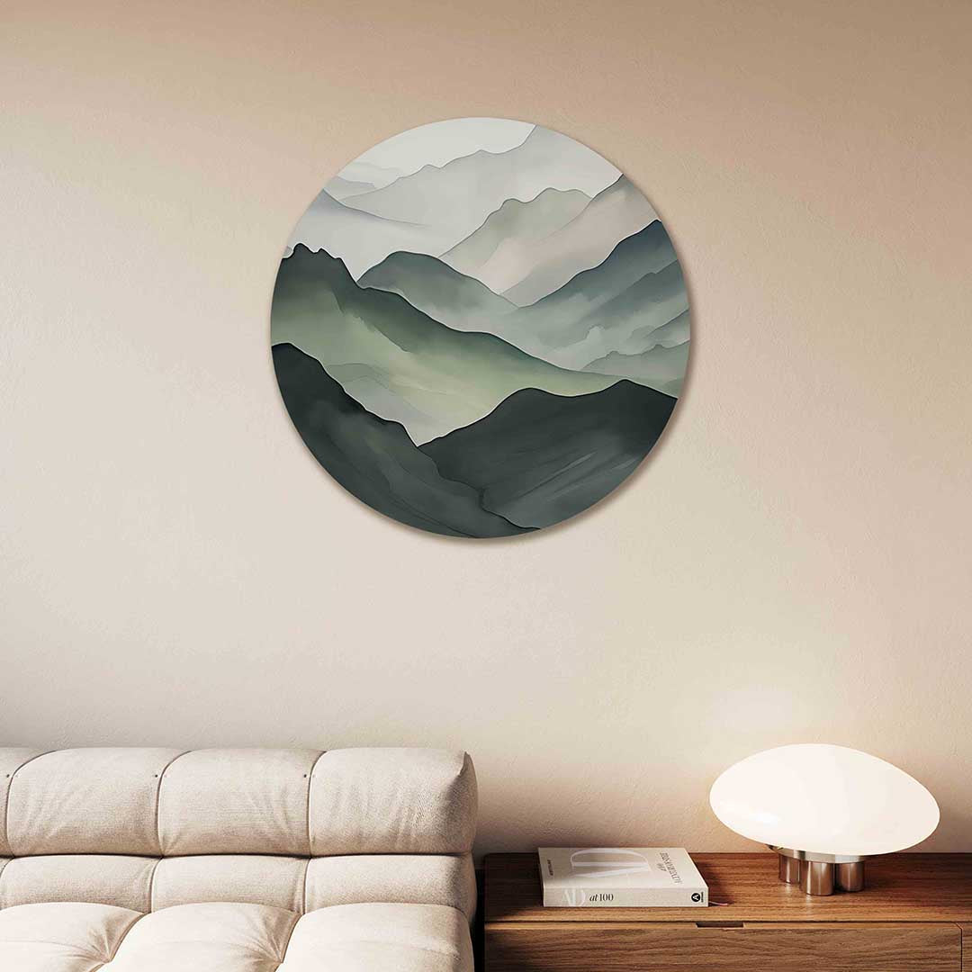 Landschap in groene tinten – kleurrijke Pop Art muurcirkel voor aan de muur
