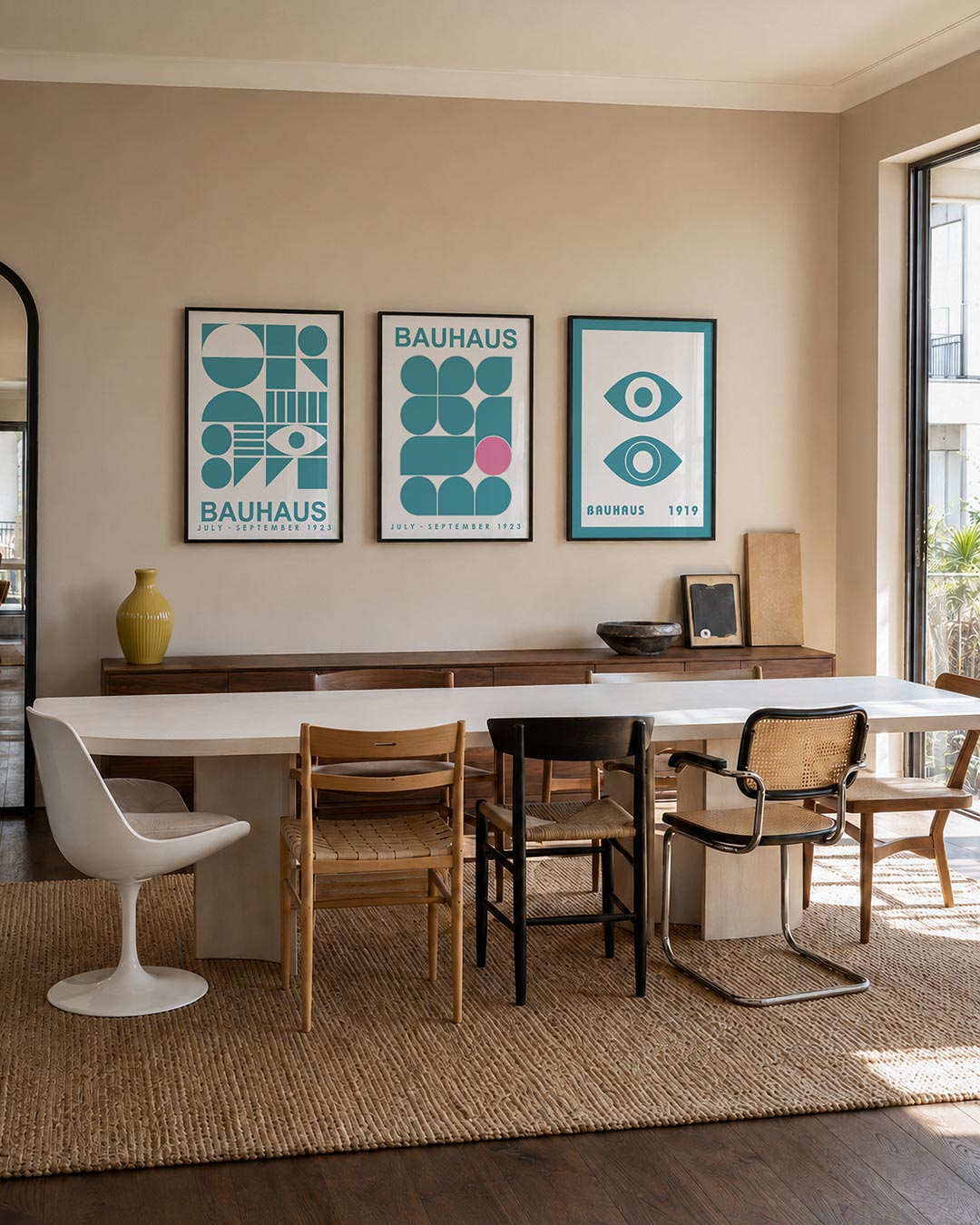 Vormen en vlakken driedelige posterset – deze posterset in drie delen toont een speelse ordening van cirkels, halve cirkels