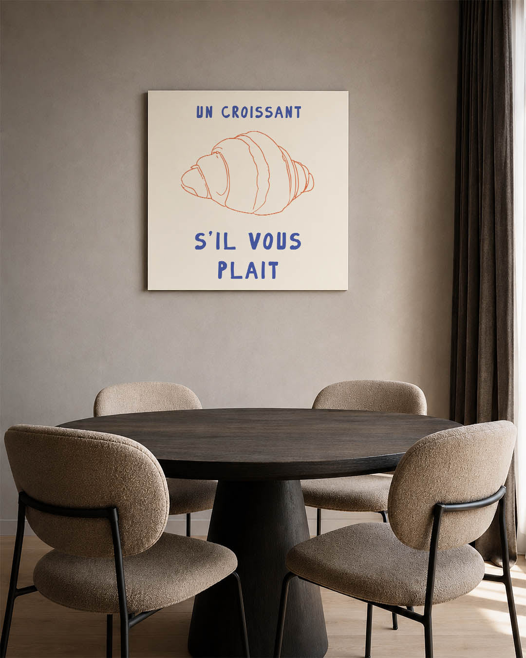 Eenvoudige croissant illustratie kunstwerk – vierkante wanddecoratie – een lijntekening van een croissant in orange met