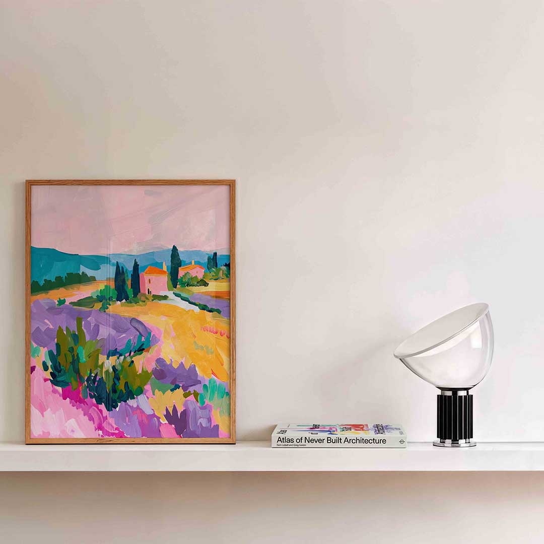 Landschap met lavendel – kleurrijke illustratie als portret poster