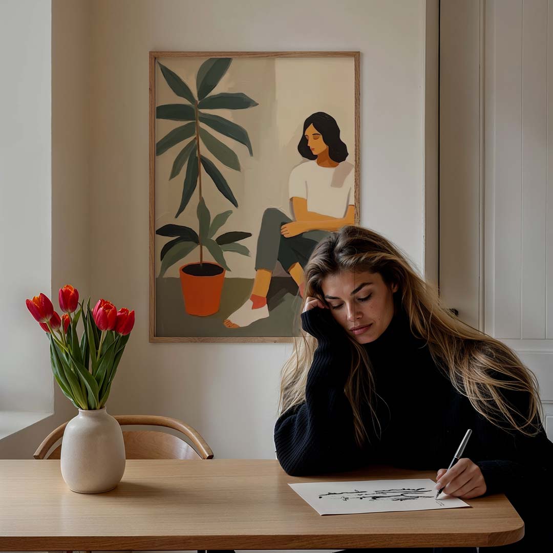 Stijlvolle Rustgevende Plant Meisje – staande vrouwelijke wanddecoratie van WallArtistic