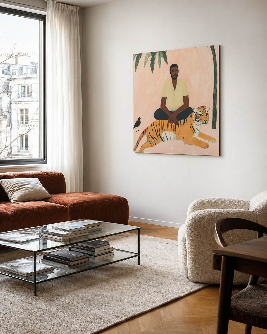 Dromerige scene kunstwerk – vierkante wanddecoratie – dit werk toont een serene compositie met een man en een tijger tegen