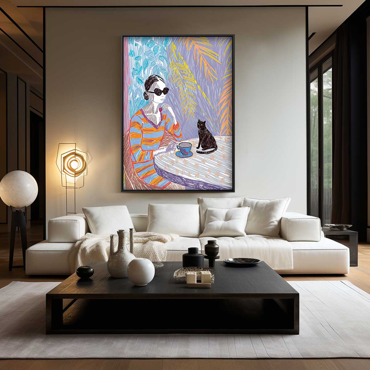 Ontspanmomentje met Koffie en Kat – staand kunstwerk voor modern interieur