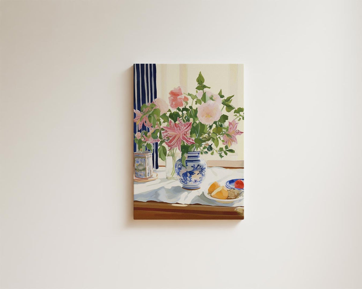 Zomers Bloemenboeket in Blauwe Vaas – portret kunstwerk als wanddecoratie, afbeelding 15