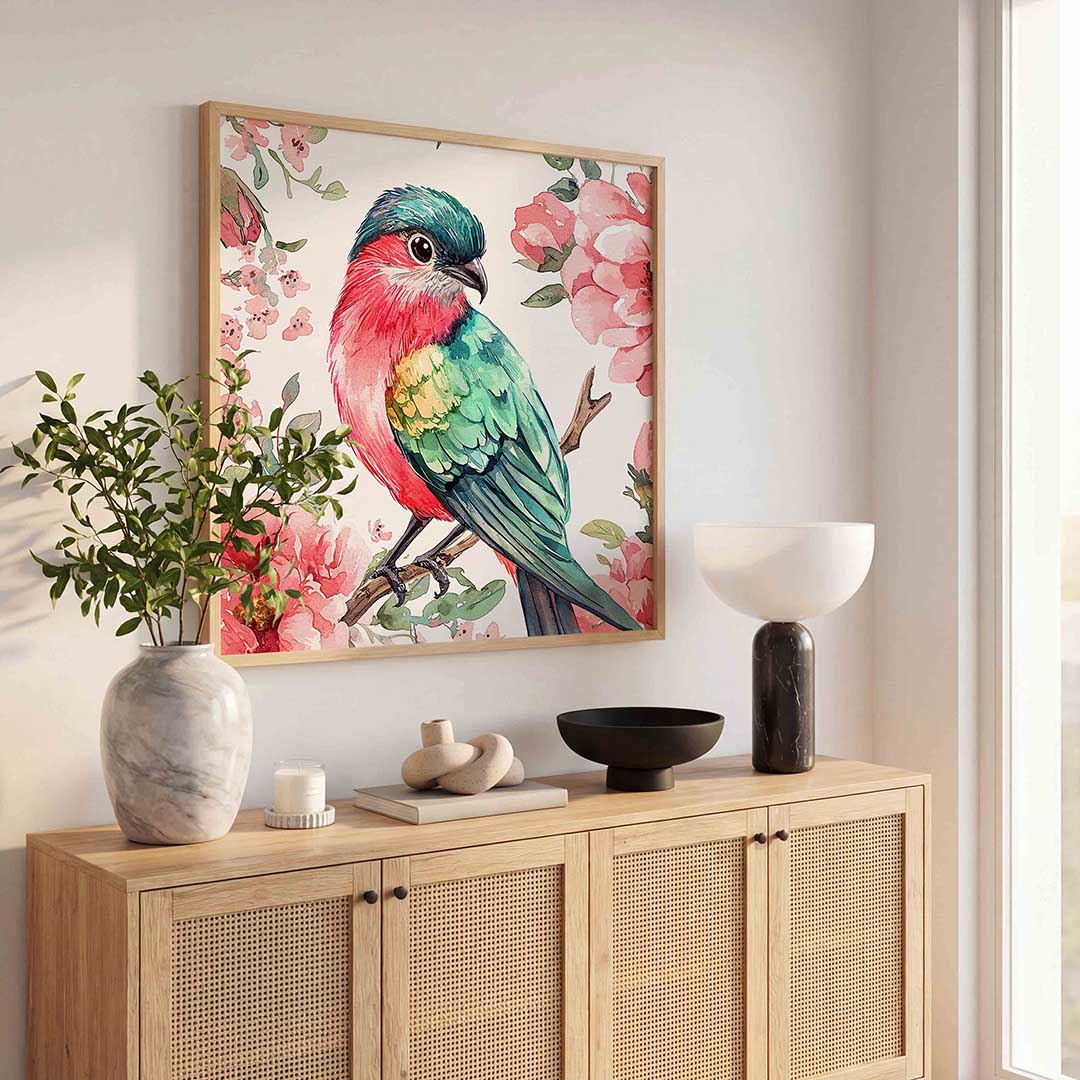 Vogel en bloemen – dierenillustratie als vierkante poster