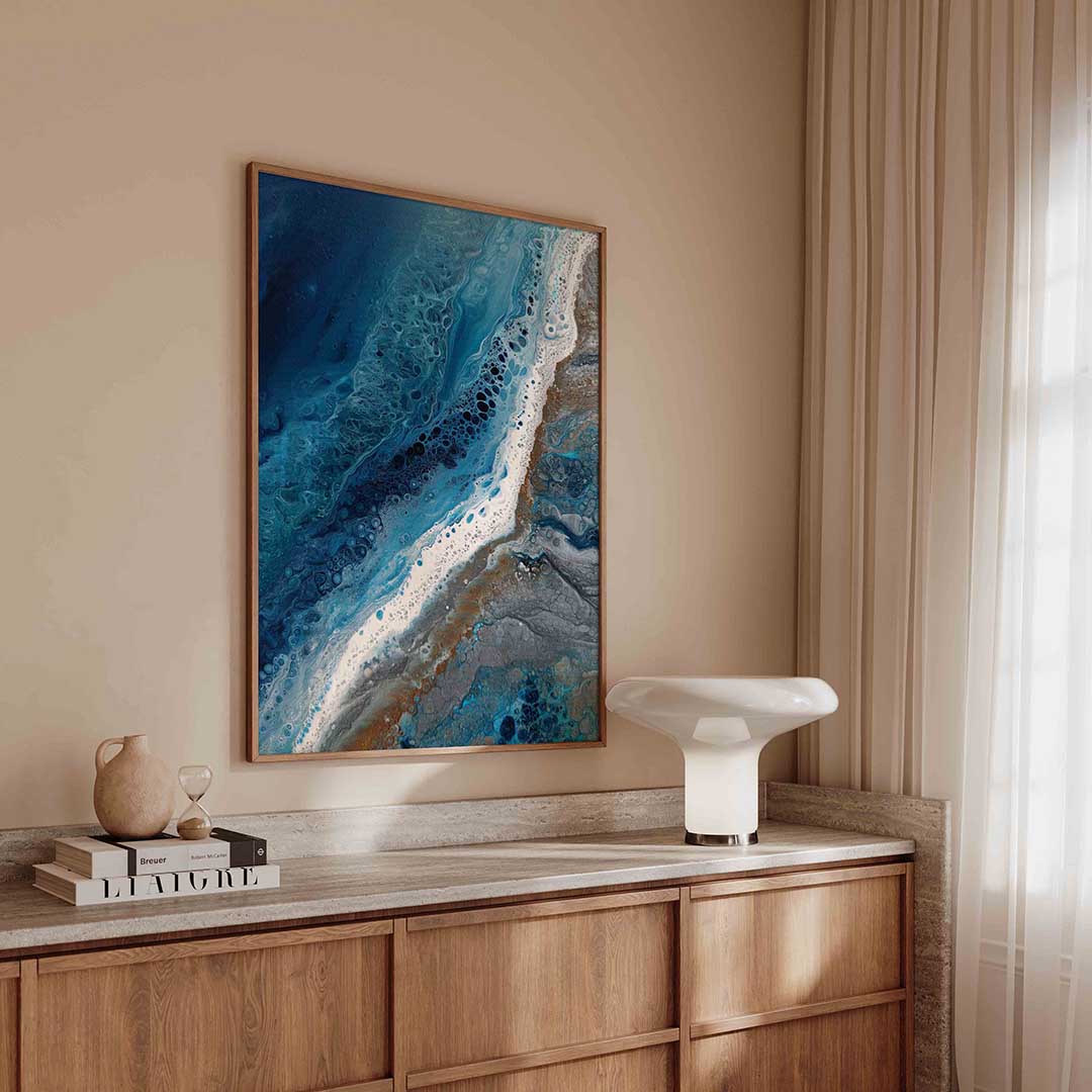 Blauwe golven – abstracte poster in staand formaat