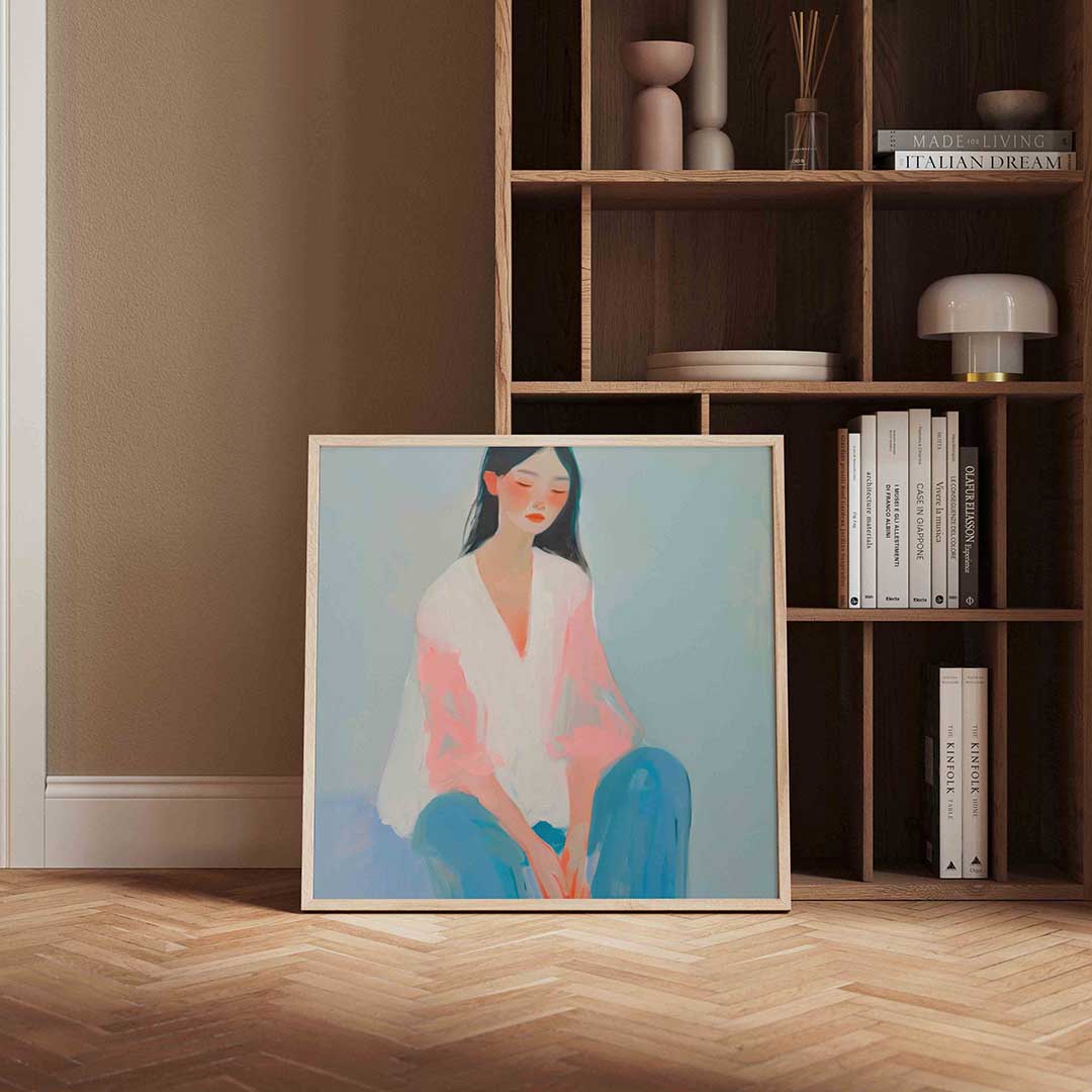 Vrouw in pasteltinten – vierkante design wanddecoratie van WallArtistic