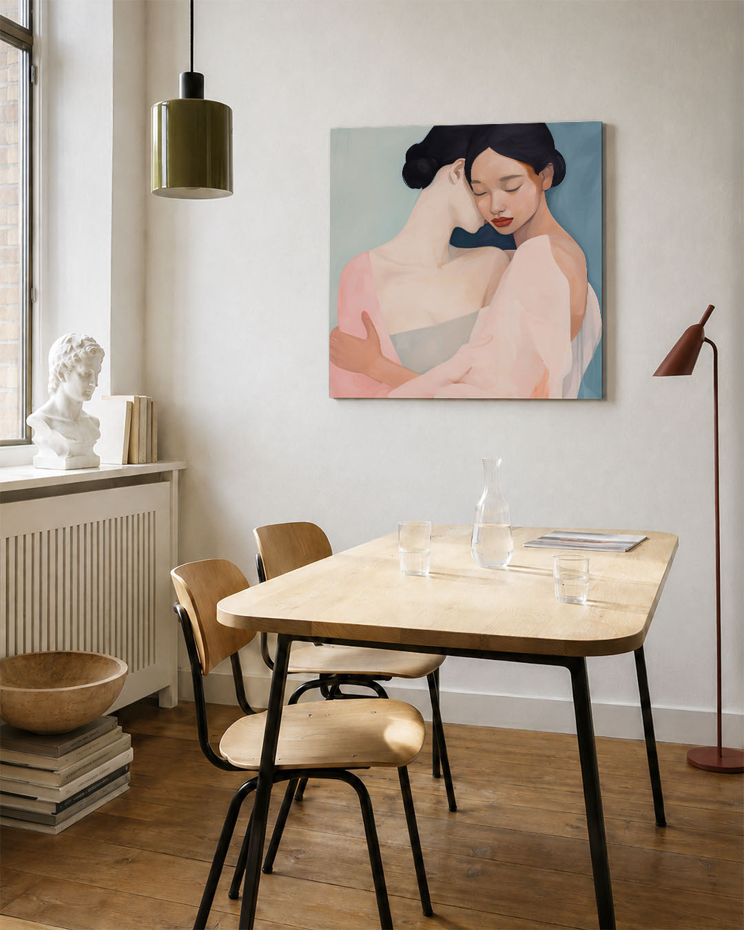 Intieme omhelzing kunstwerk – vierkante wanddecoratie – dit kunstwerk toont twee figuren in een zachte omhelzing. De
