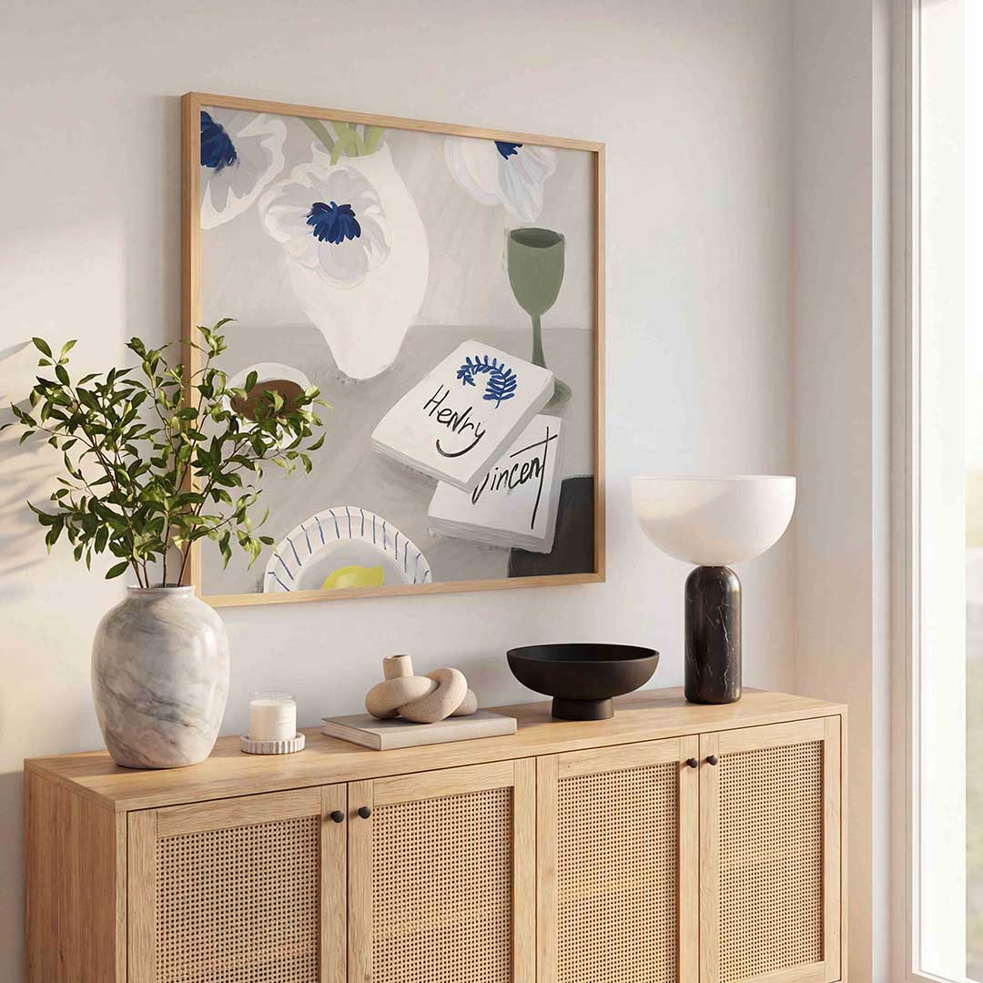 Stilleven met bloemen en boeken – illustratie poster in vierkant formaat