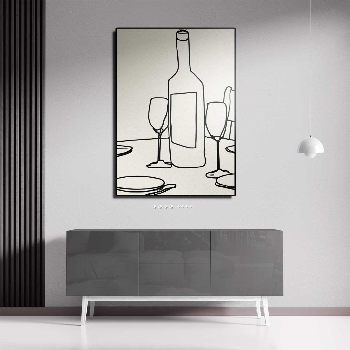 Minimalistisch Tafereel van Wijn en Glazen – staande wandkunst voor woonkamer of interieur