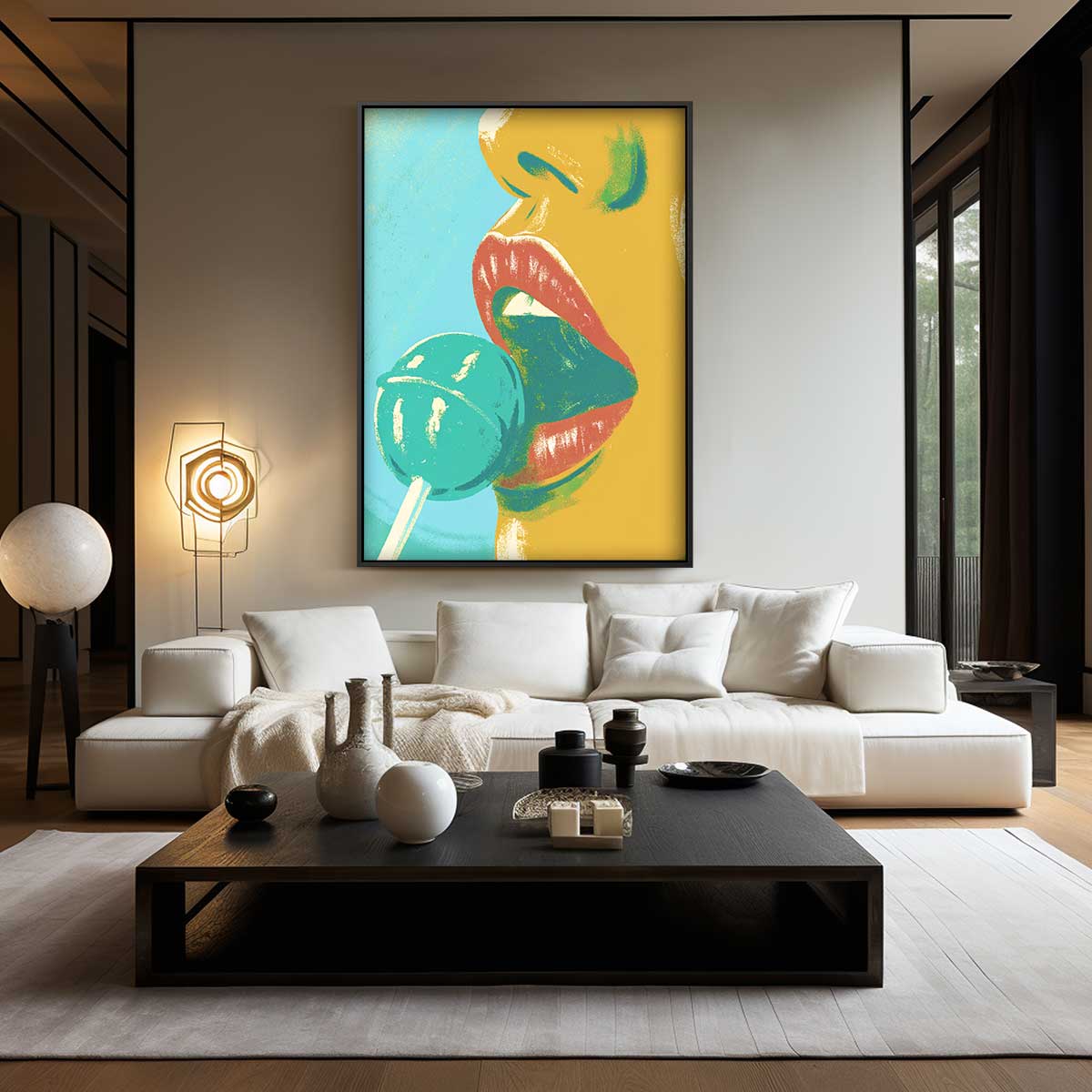 Verleidelijke Lippen met Lolly – staand kunstwerk voor modern interieur
