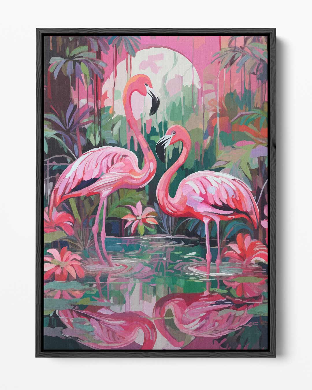 Tropische Flamingo's bij Zonsondergang – portret kunstwerk als wanddecoratie