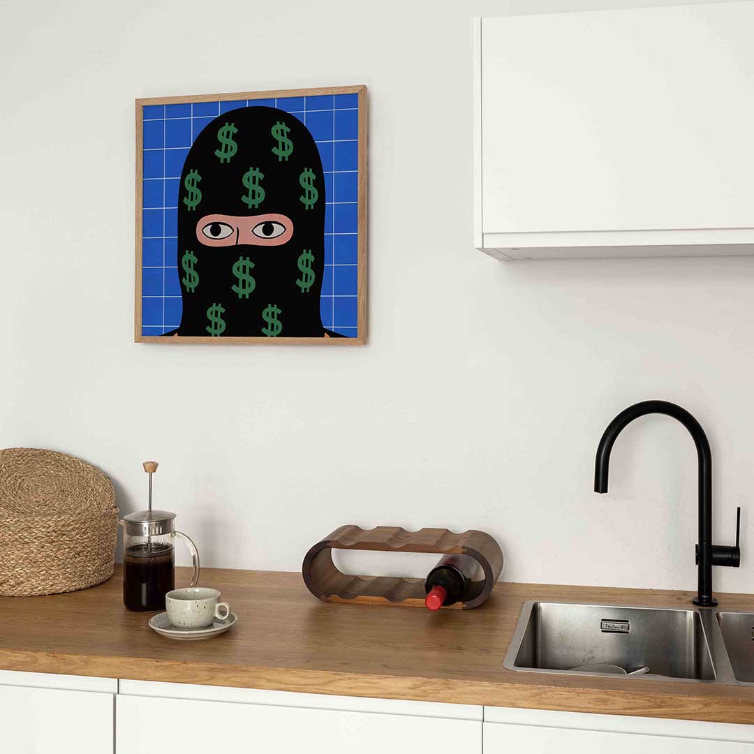 Masker met dollartekens – kleurrijke Pop Art poster in vierkant formaat