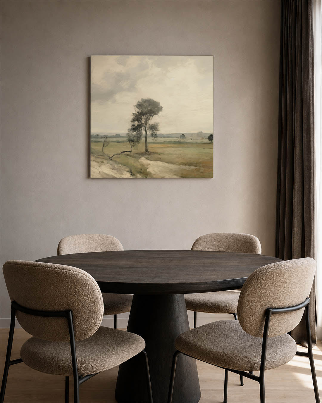 Rustig landschap kunstwerk – vierkante wanddecoratie – een weergave van een landschap met een eenzame boom, zachte wolken en
