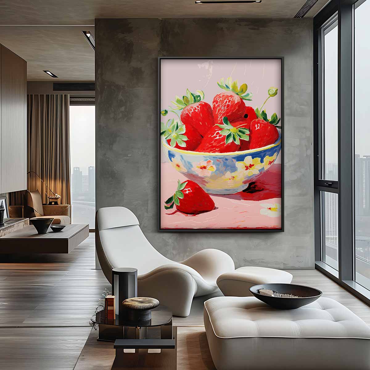 Aardbeien in Bloemenschotel – plexiglas kunstwerk als wanddecoratie