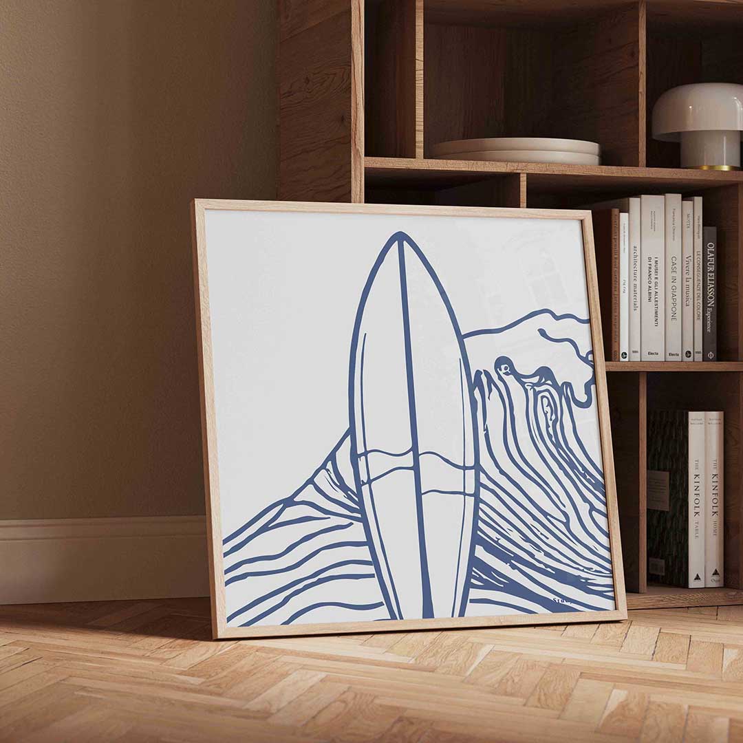 Surfplank en golven – moderne wandkunst met kleur en vormen als poster