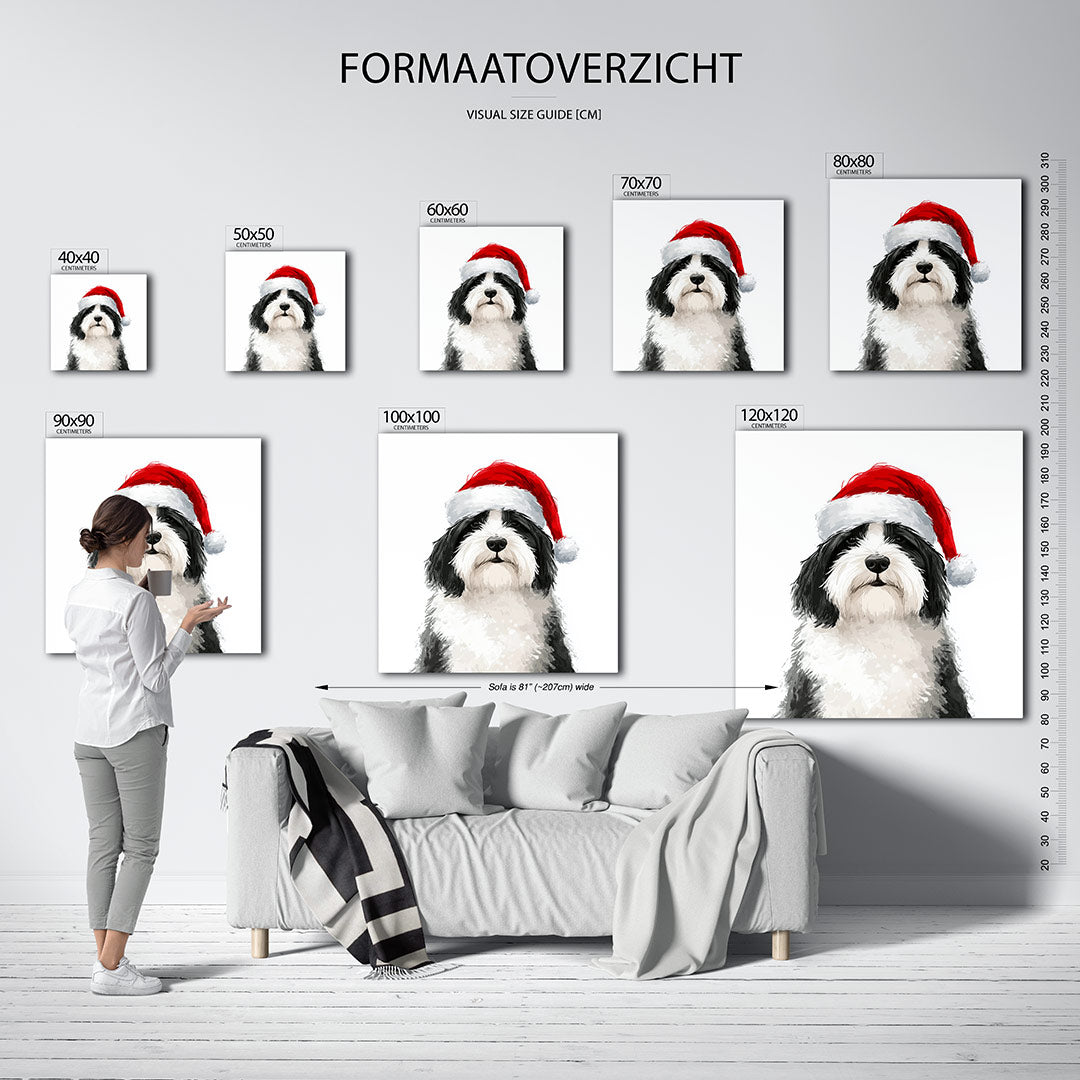 Kersthond portret kunstwerk – sfeerbeeld – dit werk toont een hond met een kerstmuts. De compositie is eenvoudig en centraal