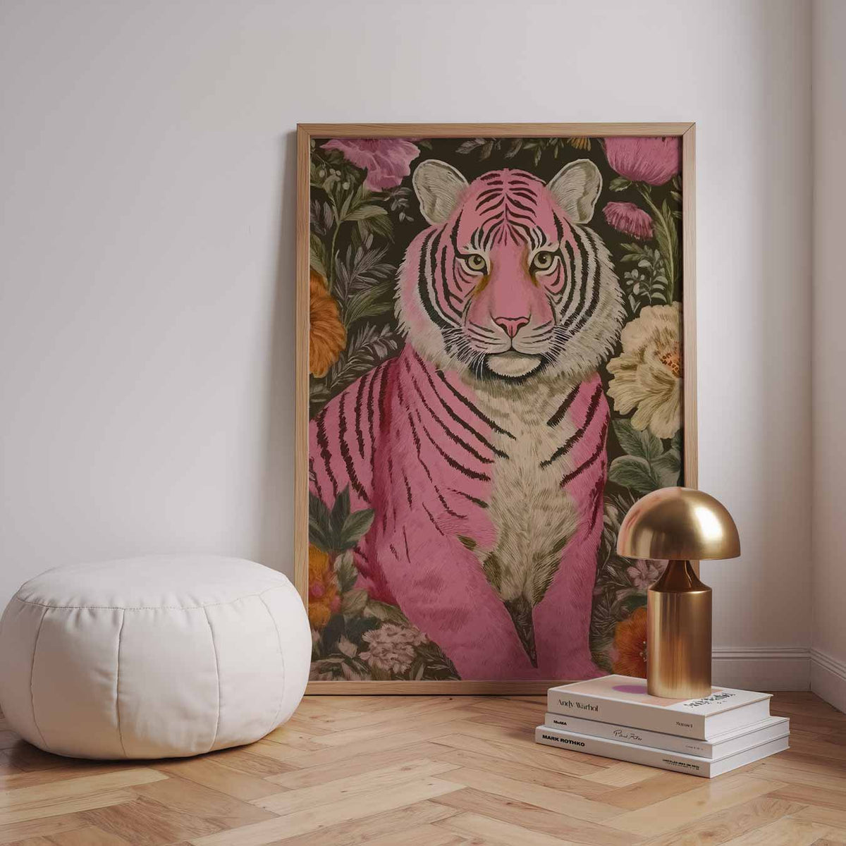 Roze Tijger en Bloemen – dieren poster in staand formaat