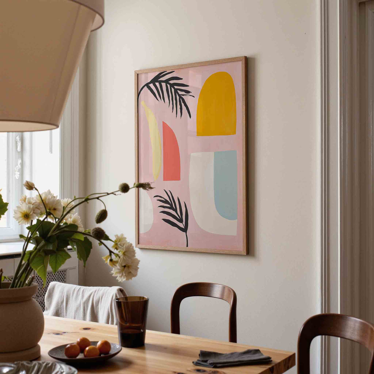 Abstracte vormen en bladeren – eigentijdse illustratie poster in staand formaat