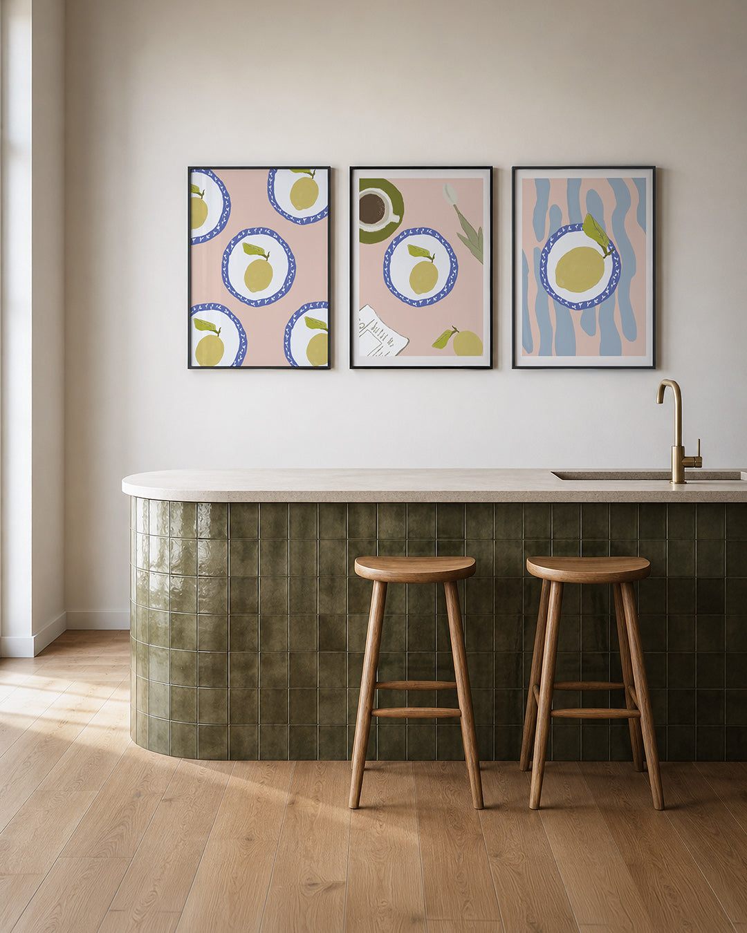 Citroenpatroon posterset – tweede productweergave – deze posterset toont een herhalend patroon van citroenen op