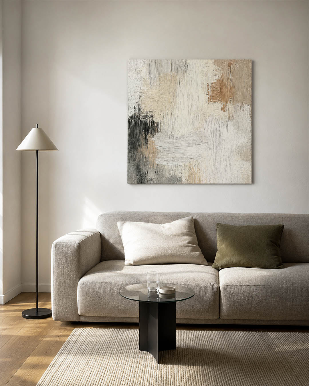 Zachte kleuren harmonie kunstwerk – vierkante wanddecoratie – dit werk toont een subtiele mix van beige, wit en grijs. De