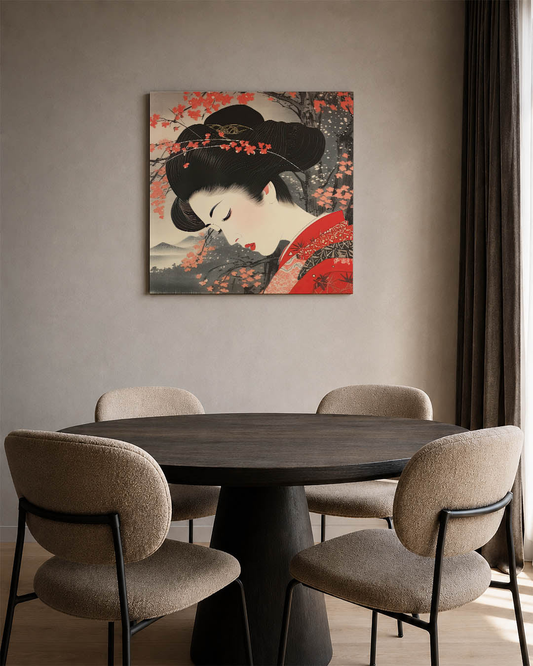 Elegante vrouwelijke portret kunstwerk – vierkante wanddecoratie – dit kunstwerk toont een vrouw met een serene uitdrukking