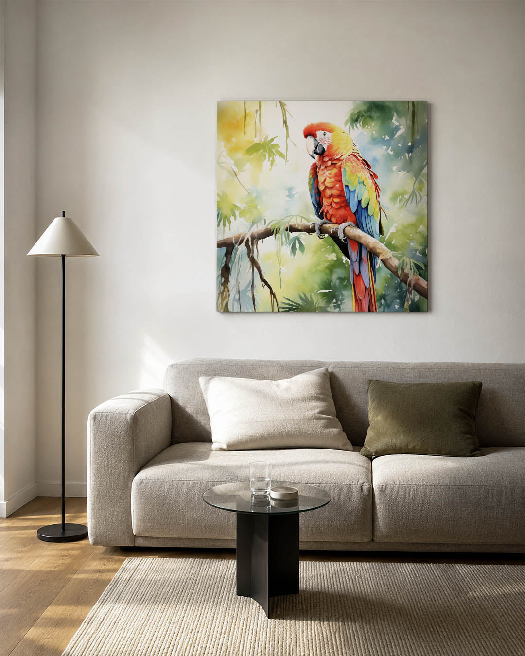 Vrolijke papegaai kunstwerk – detailweergave – dit werk toont een kleurrijke papegaai op een tak, omgeven door weelderig