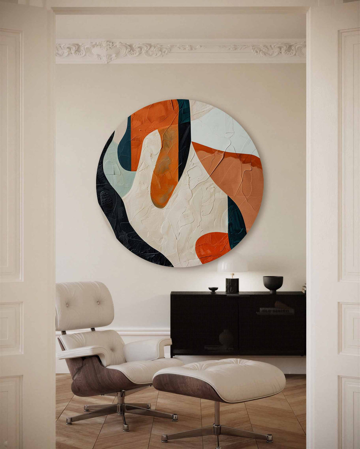 Abstracte vormen – portret muurcirkel als ronde muurdecoratie