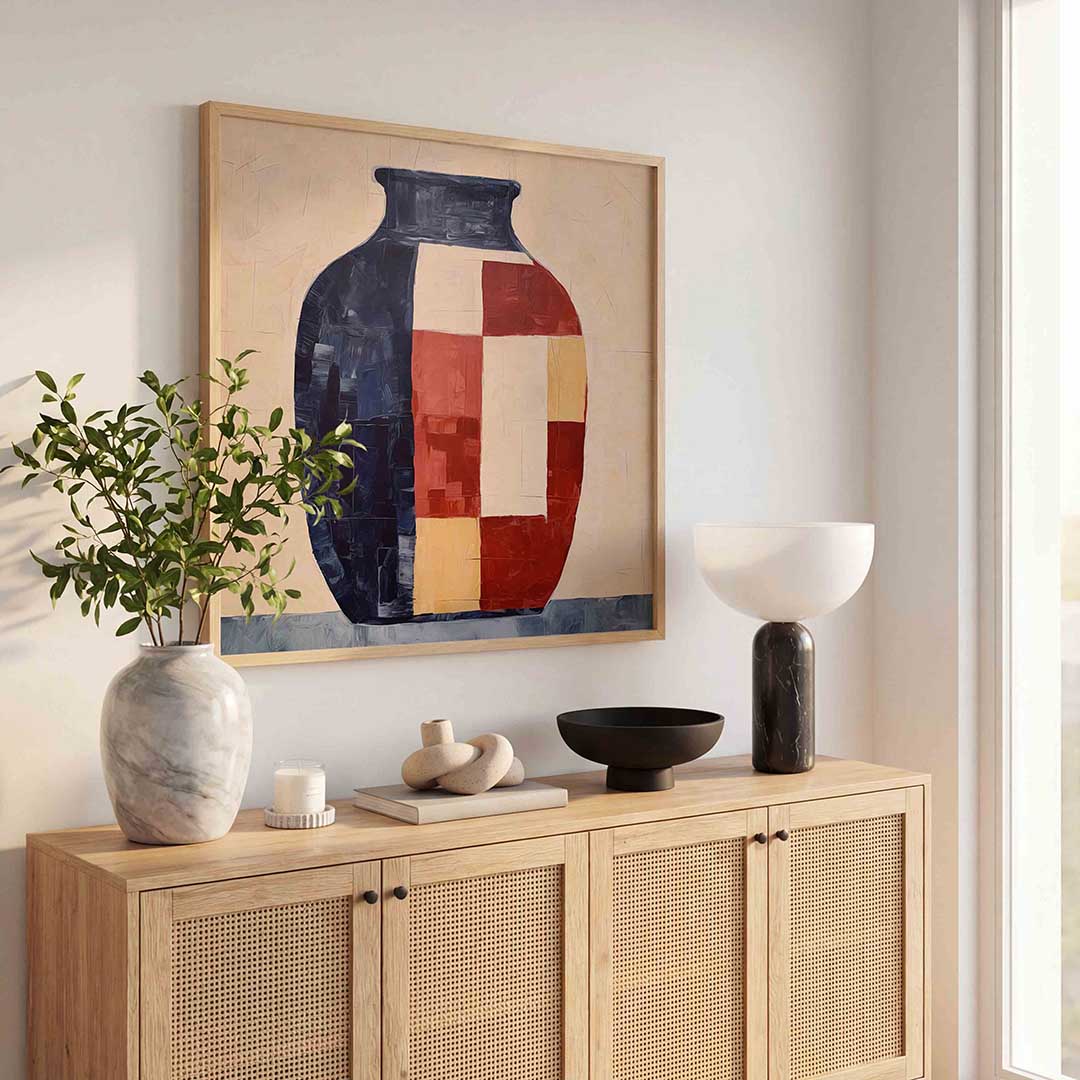 Vaas met geometrische patronen – kleurrijke poster in vierkant formaat