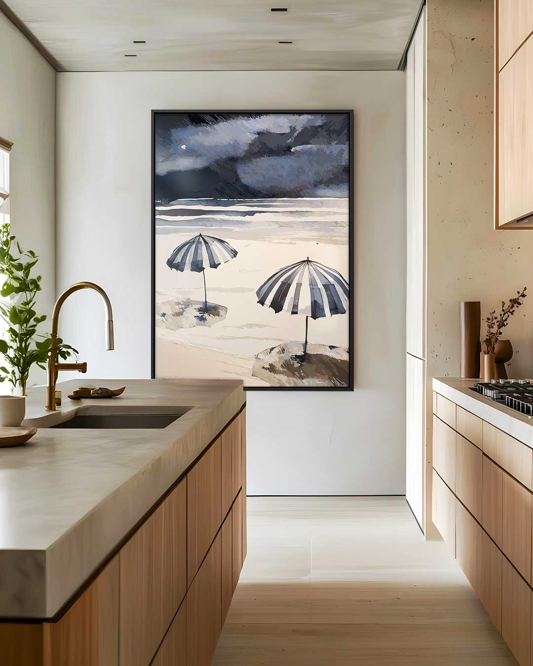 Strandparaplu's in Windstorm – canvas wanddecoratie in portret formaat