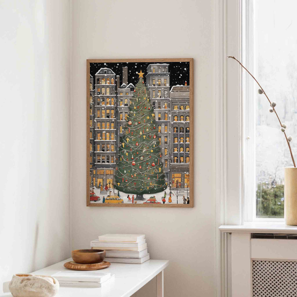 Kerstboom in de stad – staande kerst wanddecoratie van WallArtistic