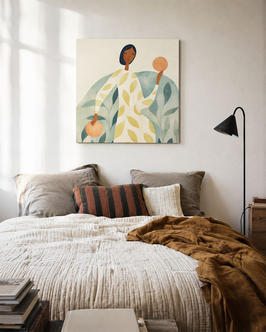 Vrouw met cirkels kunstwerk – detailweergave – dit werk toont een figuur met vloeiende lijnen en zachte kleuren. De