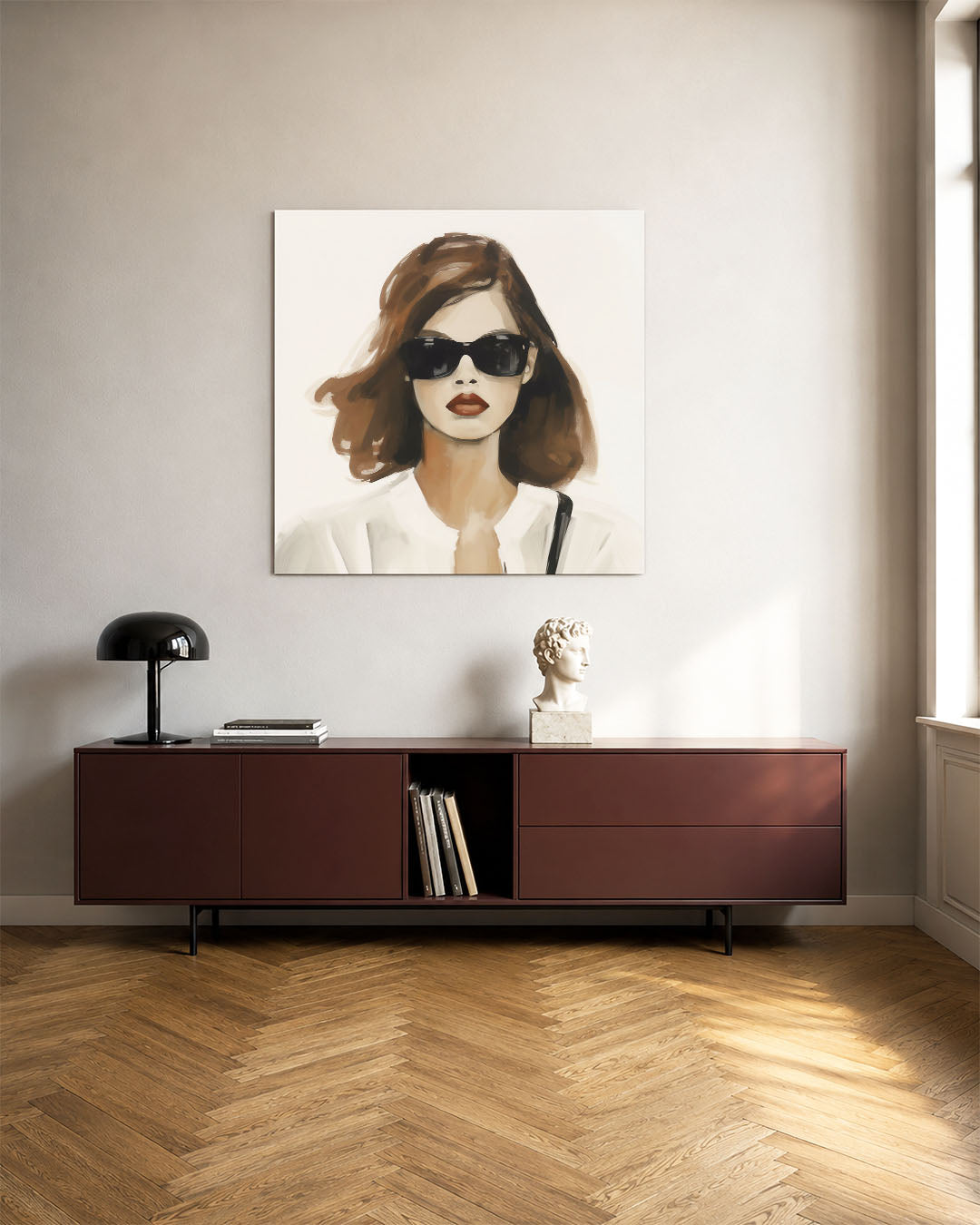 Stijlvolle vrouw kunstwerk – tweede productweergave – dit kunstwerk toont een vrouw met donkere zonnebril en rode lippen. De