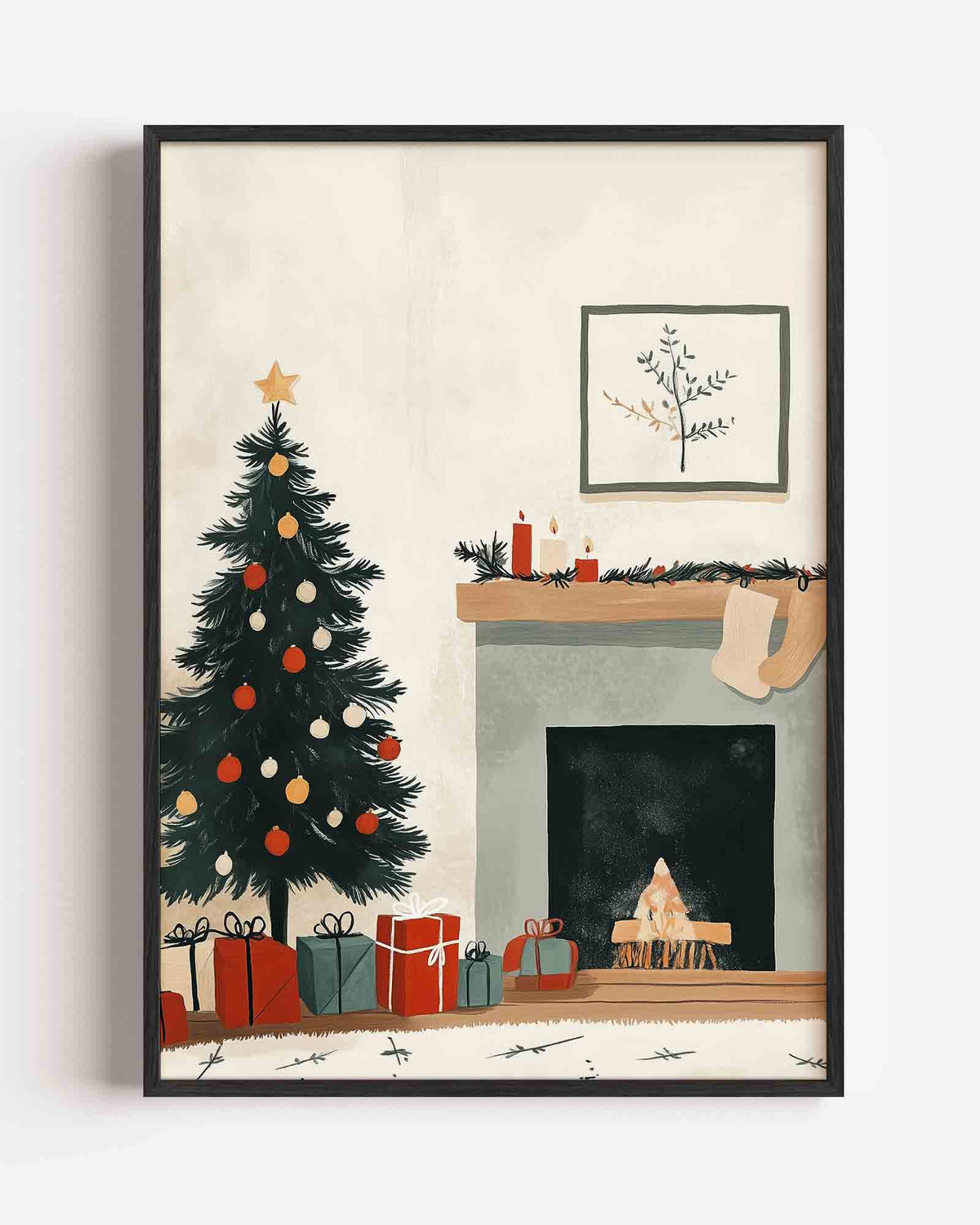 Kerstboom en open haard – kids portret poster als wanddecoratie
