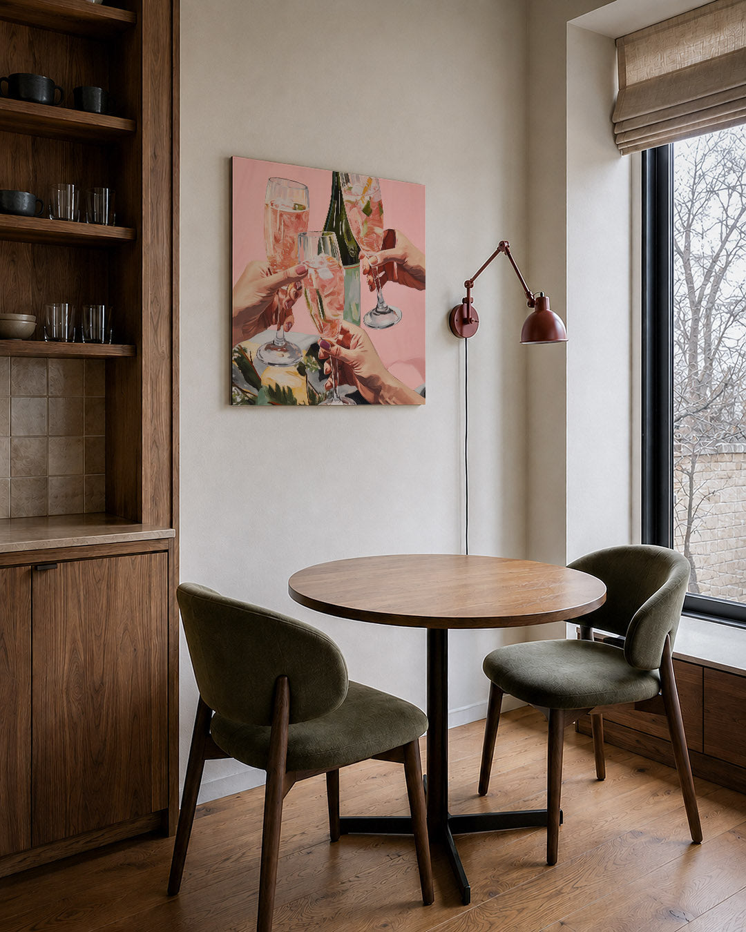 Vrolijke toast kunstwerk – derde productweergave – dit kunstwerk toont drie handen die glazen met een roze drankje
