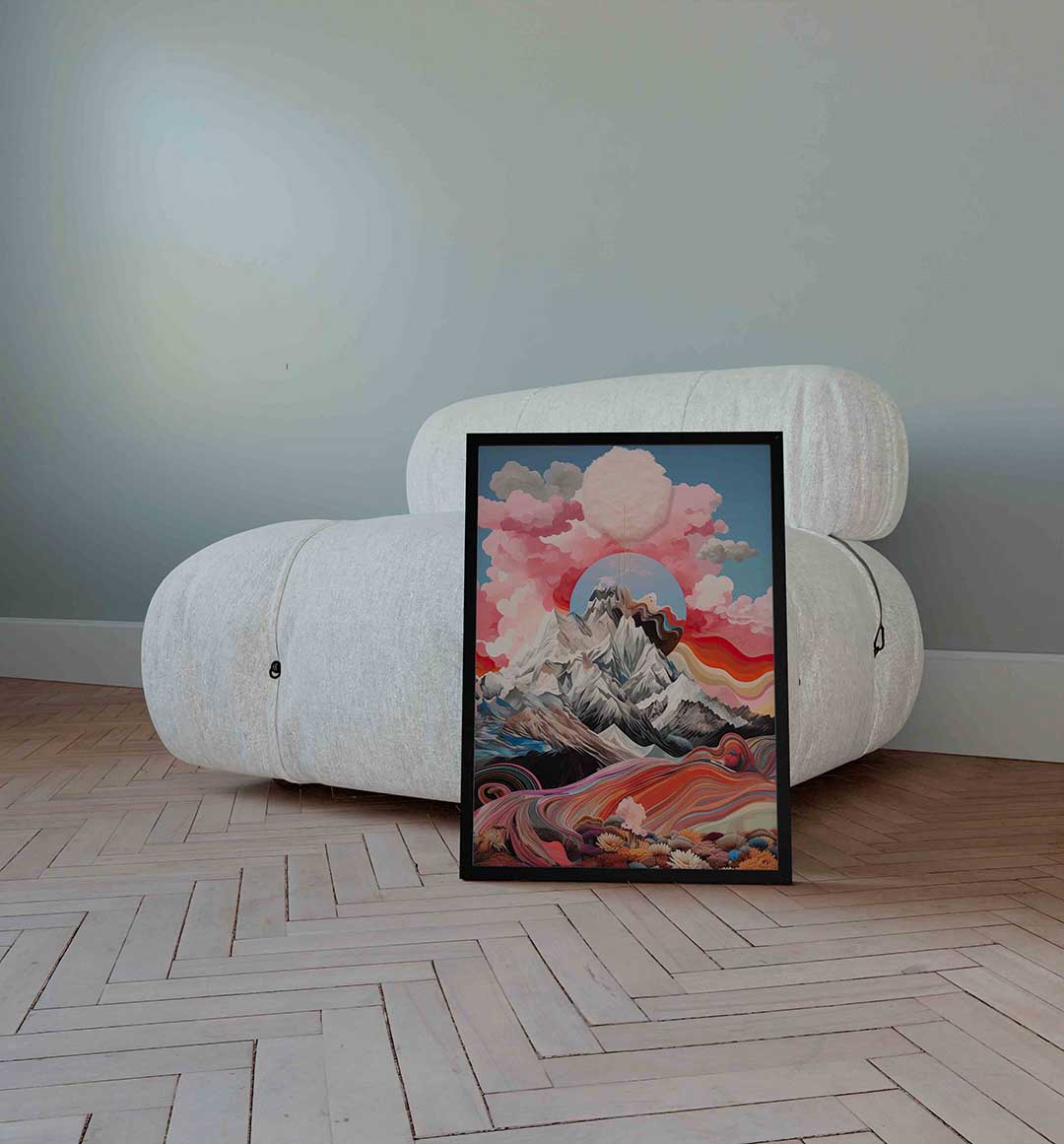 Berglandschap met kleurrijke wolken – surrealistische wandkunst als portret poster