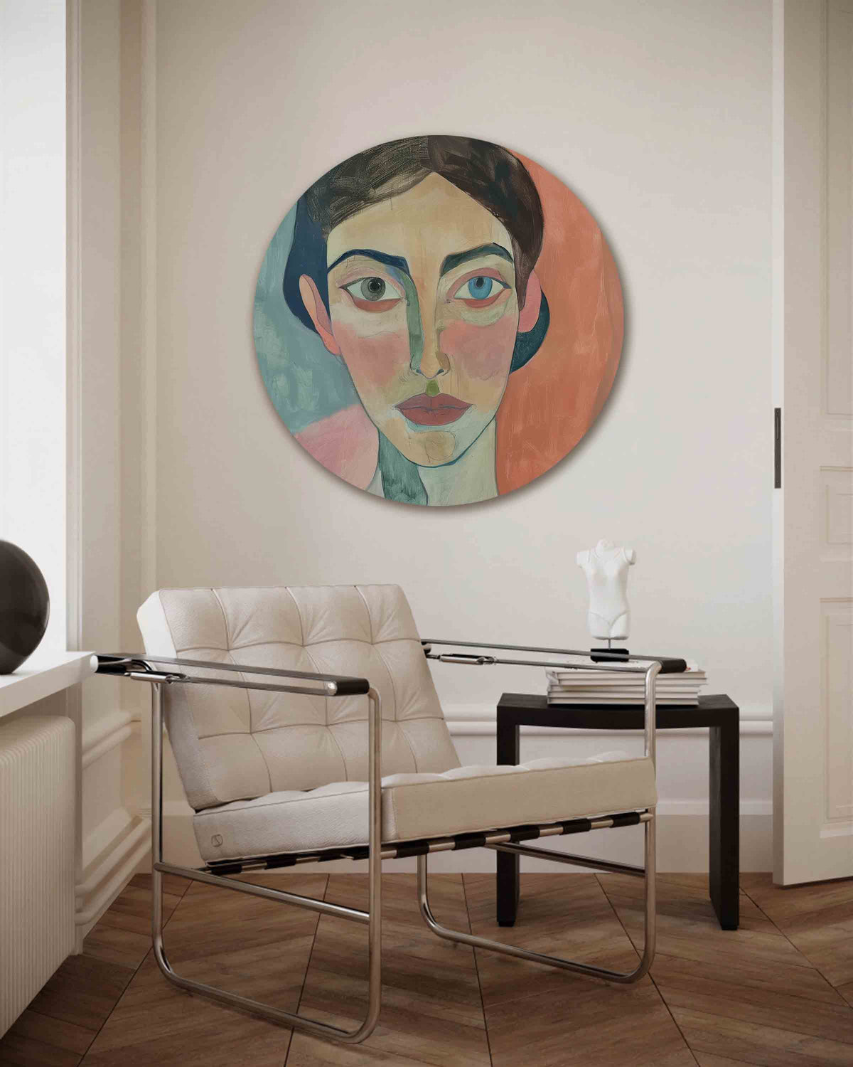 Portret met kleurrijke achtergrond – kleurrijke muurcirkel als ronde wanddecoratie