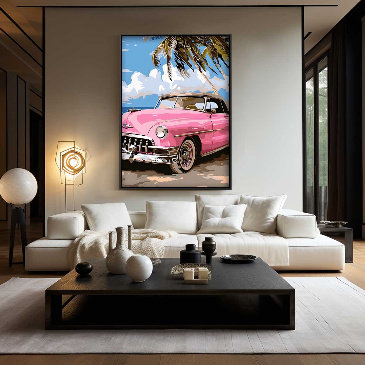 Roze Oldtimer aan het Strand – canvas wanddecoratie in portret formaat