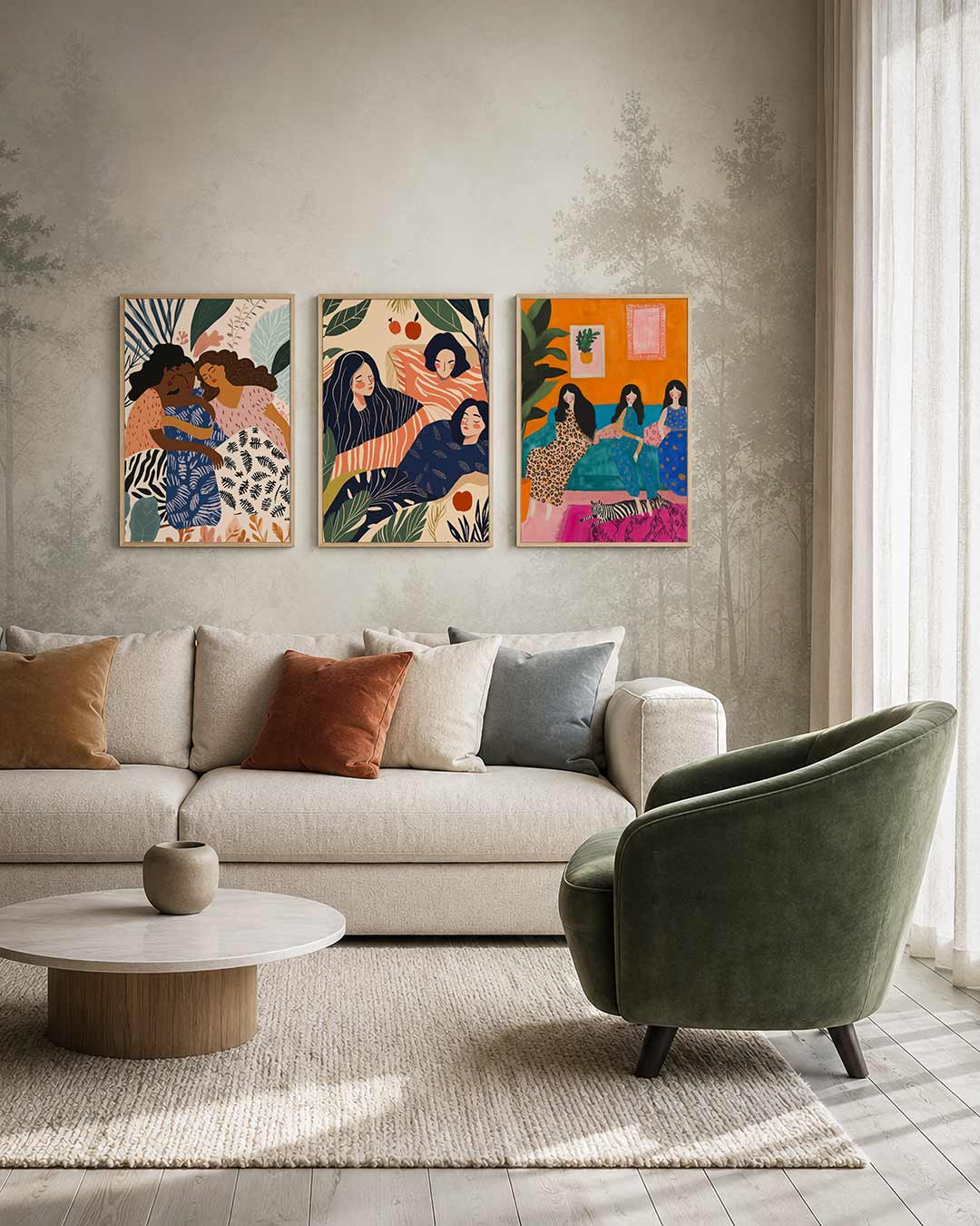 Vorm en kleurharmonie driedelige posterset – deze posterset in drie delen toont warme kleuren en