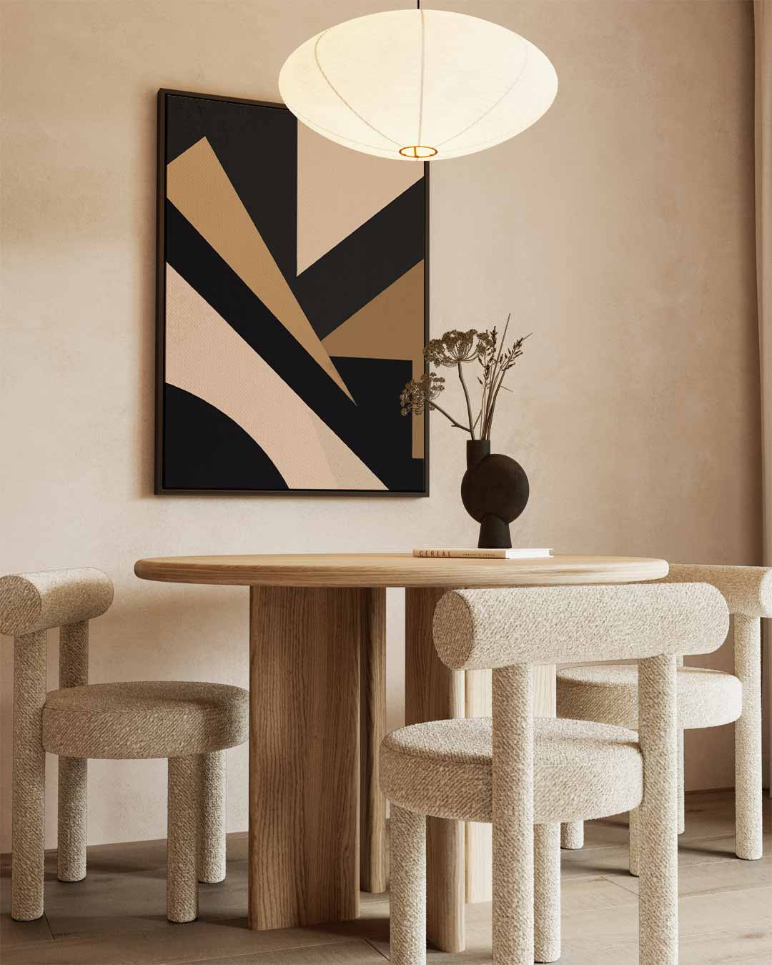 Strakke Geometrie in Aardetinten – kunstwerk met zwarte baklijst