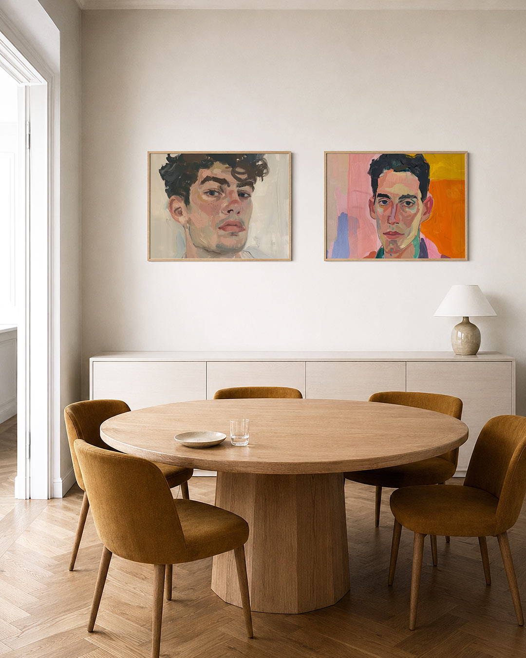 Twee liggende posters met een portret met vloeiende penseelstreken en zachte kleuren, aan de muur in een interieur