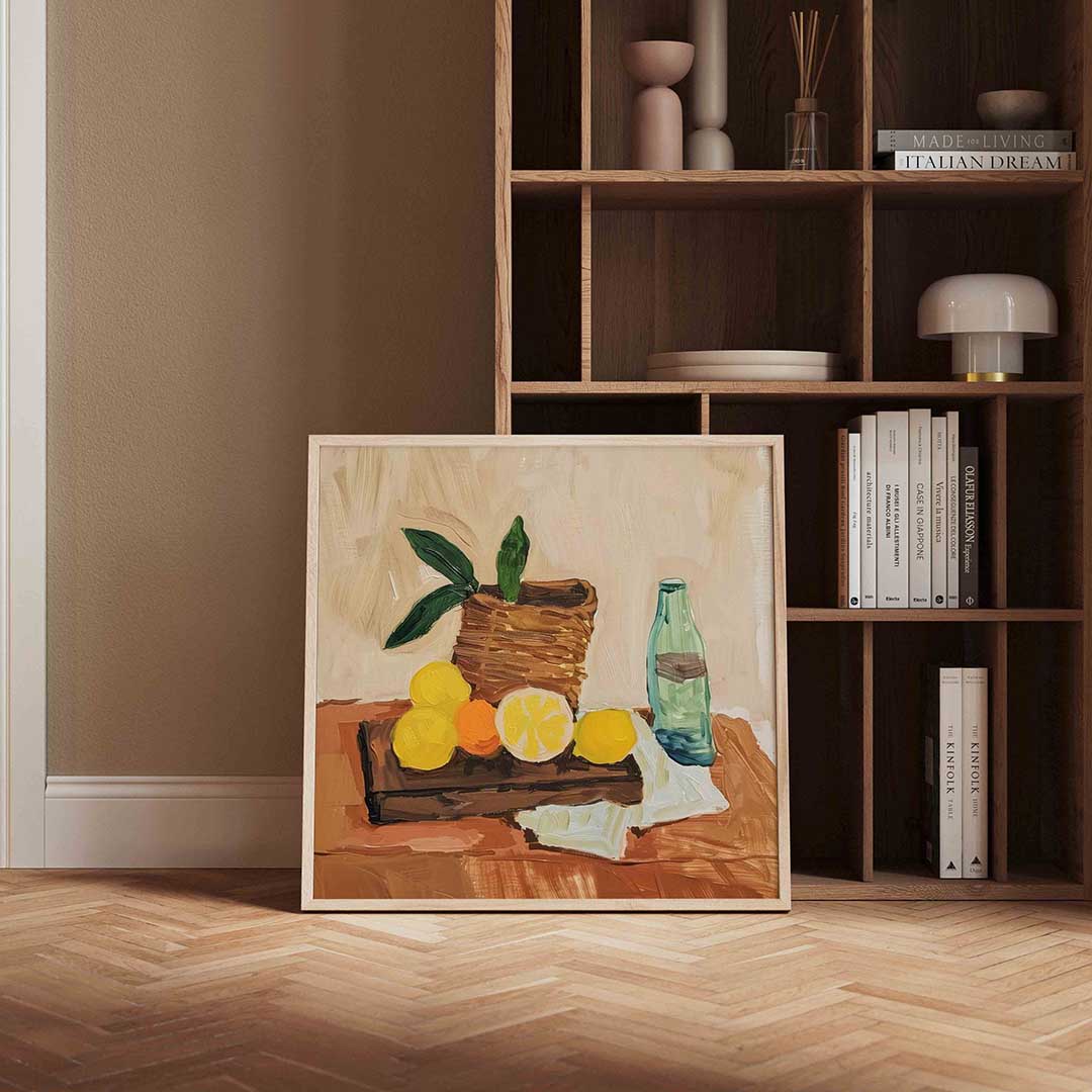 Fruit en fles – vierkante design wanddecoratie van WallArtistic
