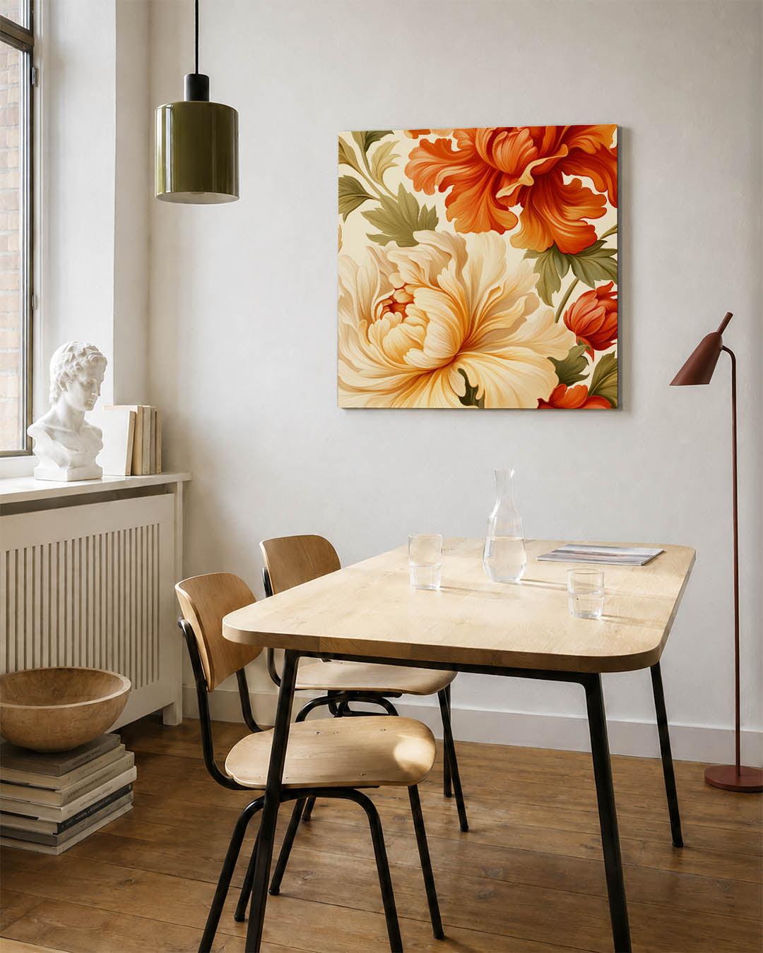 Bloemrijke compositie kunstwerk – detailweergave – dit kunstwerk toont weelderige bloemen in warme tinten. De vloeiende